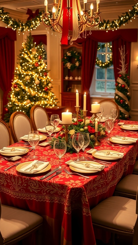 Elegant Christmas Table Settings for 15 Guests A beautifully arranged Christmas table setting for 15, featuring elegant tableware and festive decorations.